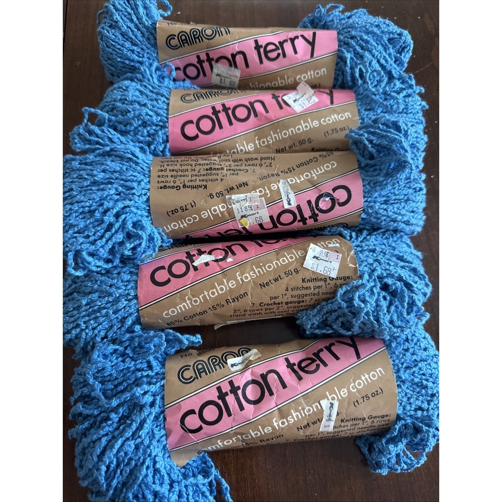 Lot‎ Of 5 Skeins Vintage Caron "Cotton Terry"  Zig-Zag Yarn Electric Blue New